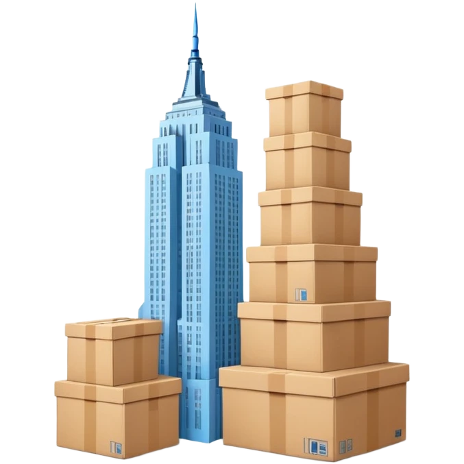 light blue Empire State Building with natural cardboard boxes stacked around emoji