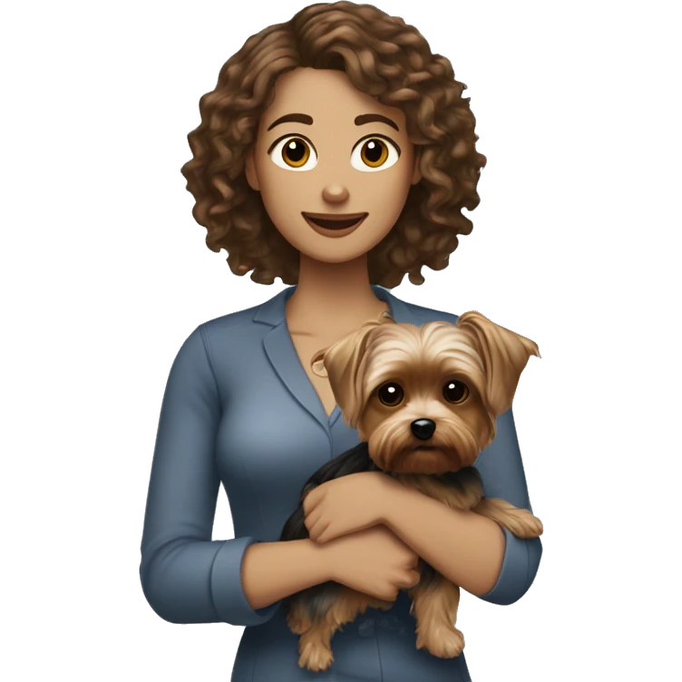 white women with curly medium length brunette hair, holding a cute yorkie dog emoji
