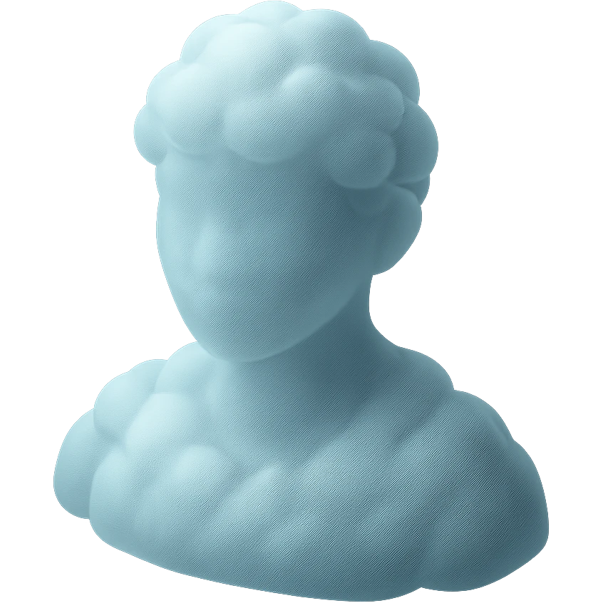 person from shoulders up, front view, fully composed of bright convex clouds, matte glass style emoji