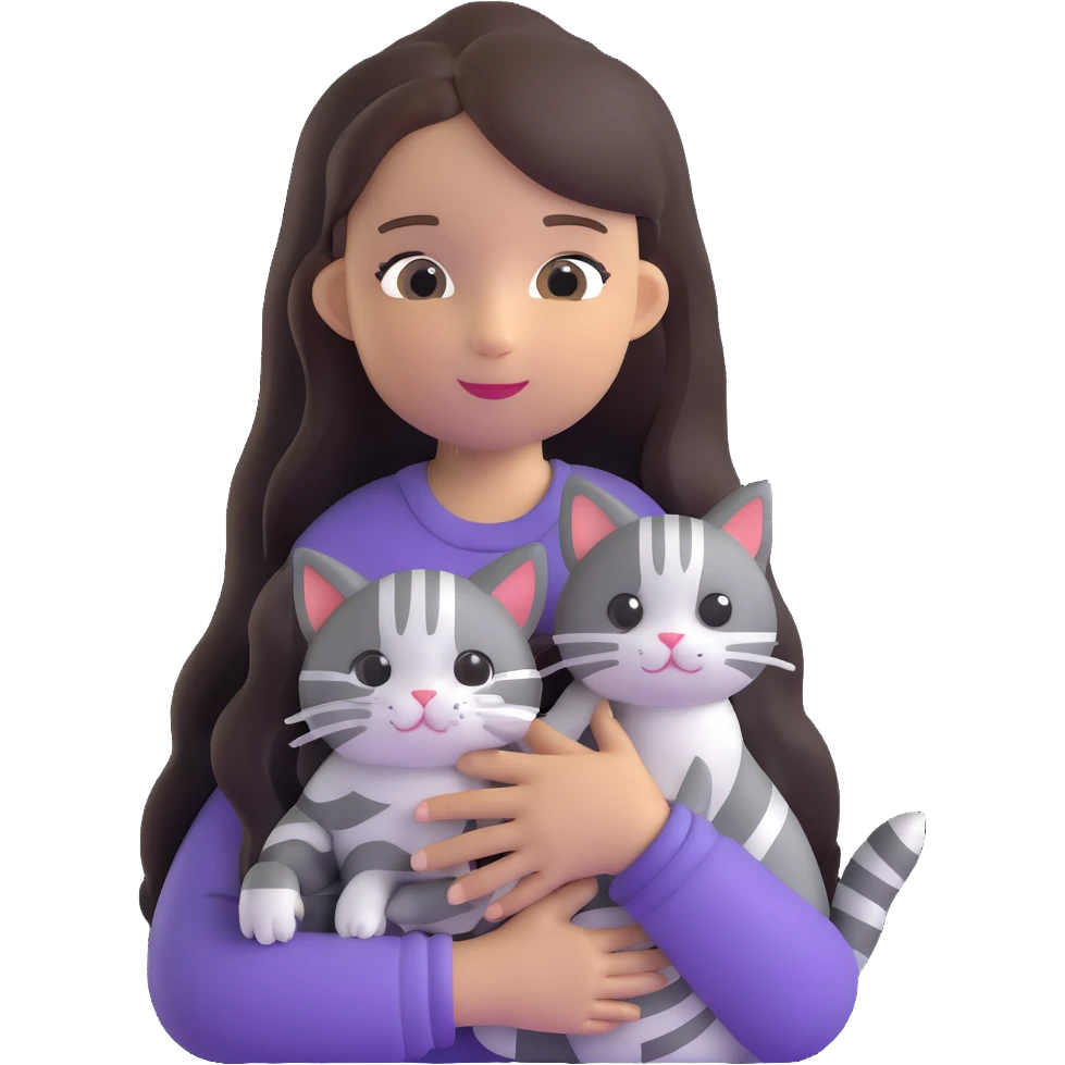 girl with long hair holding a cat with silver stripes emoji