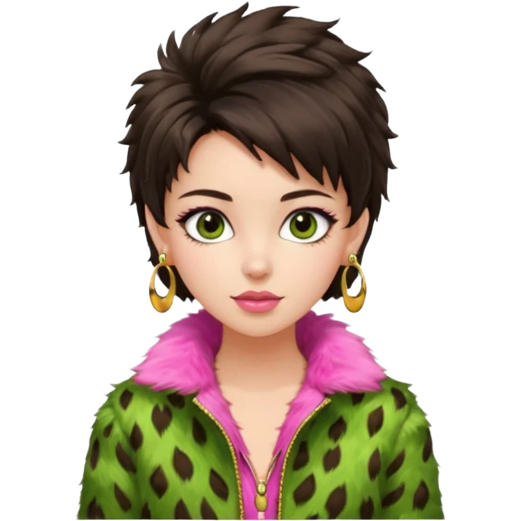generate a pretty fair bratz girl with dark brown eyes. Dark brown hair tied up in a funky hairstyle. Wearing a green fur jacket, with pink top underneath. Golden earrings emoji