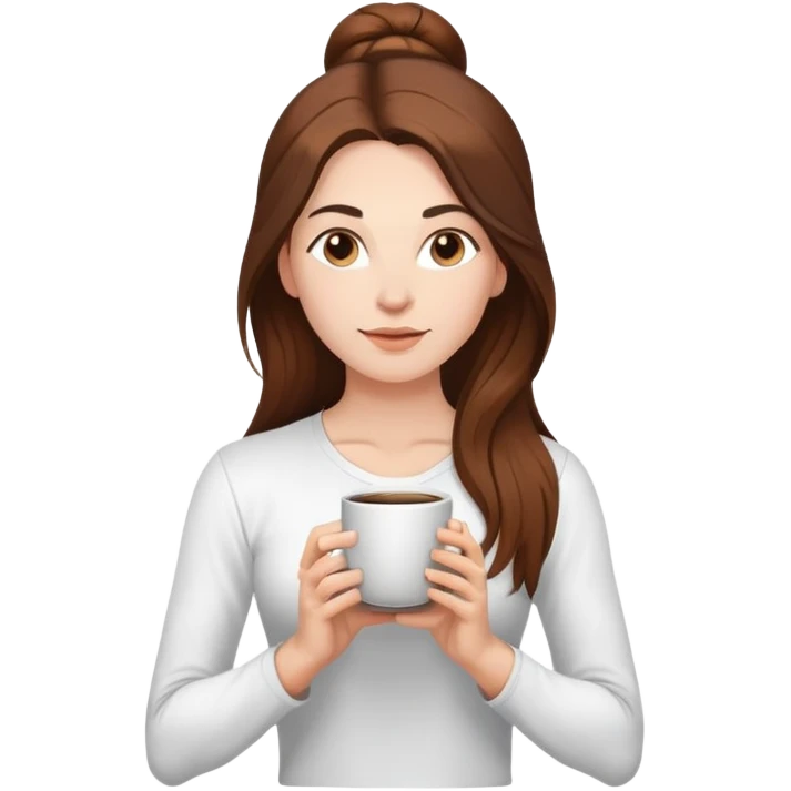Yoga Woman white shirt long brown hair drinks coffee emoji