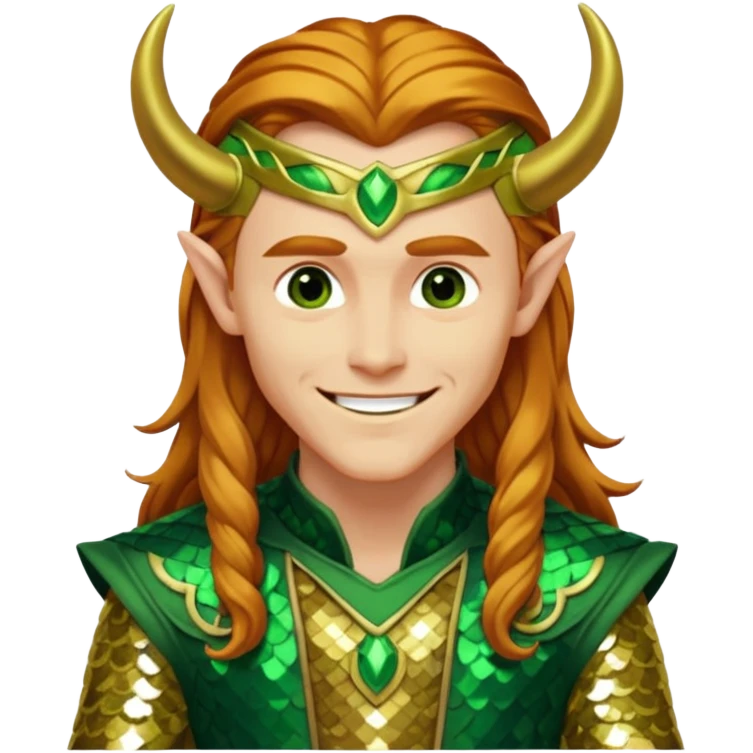 Loki, God of Mischief from Gods and Goddesses with long reddish blonde hair, green and gold sequin outfit emoji