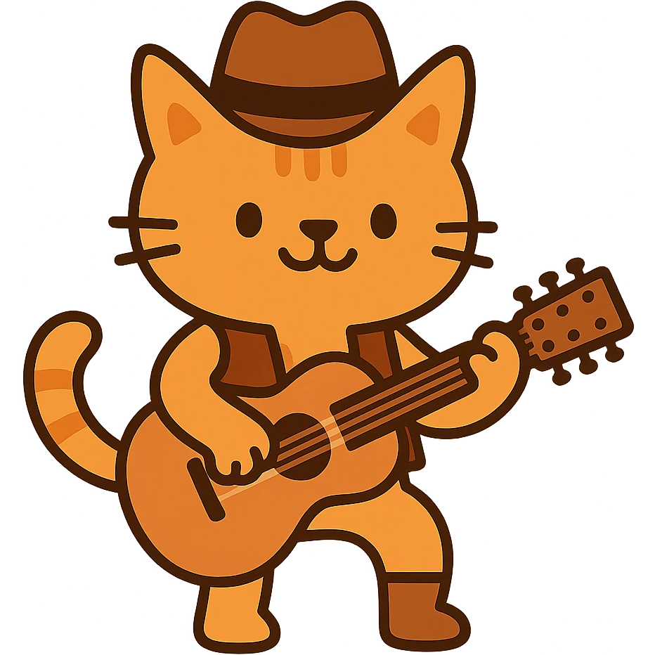 flat toon orange cowboy cat strumming an acoustic guitar  emoji