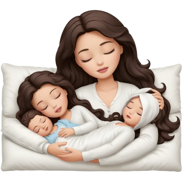 White Barbie girl dark brown long wavy hair in white clothes sleeping with white baby at cream bed, eyes are closed emoji