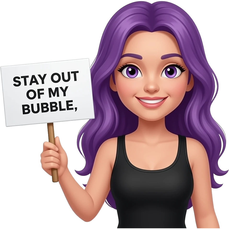 sexy girl with long purple hair and purple eyes holding a STAY OUT OF MY BUBBLE sign emoji