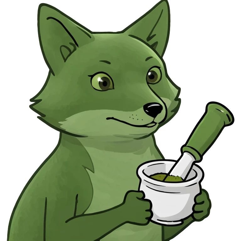 Add a mortar and pestle or medical cross to the baby fox, referencing pharmacology, in the bufo frog meme style, with no background. emoji