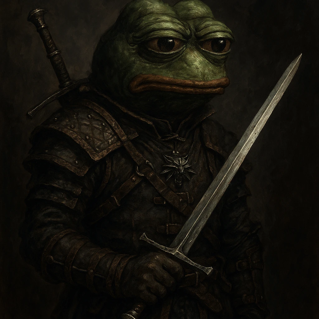 Пэпэ in The Witcher style, with a dark fantasy look and a silver sword emoji
