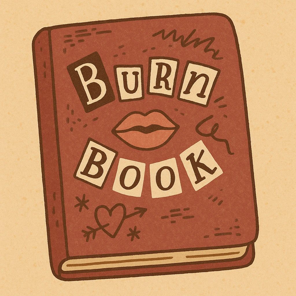 a burn book inspired by Mean Girls, with a burgundy cover, playful and sassy details, and a hint of mischief emoji
