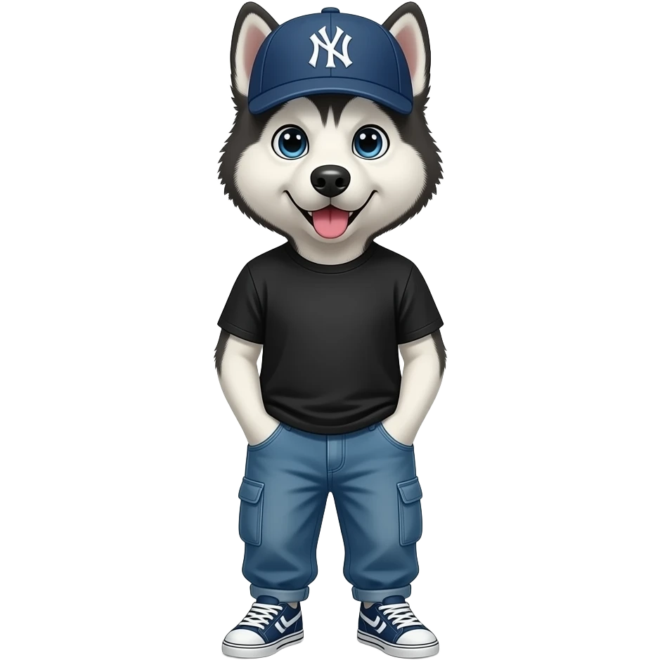 husky dog wearing a ny cap, and wearing a black t shirt, and baggy pants, and samba shoe emoji