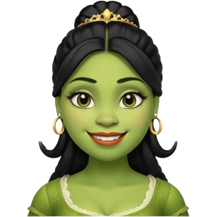 A beautiful girl Shrek, who has big eyelashes and had black hair. She has some makeup on too. She is dressed very very trendy. And she is smilingl. emoji