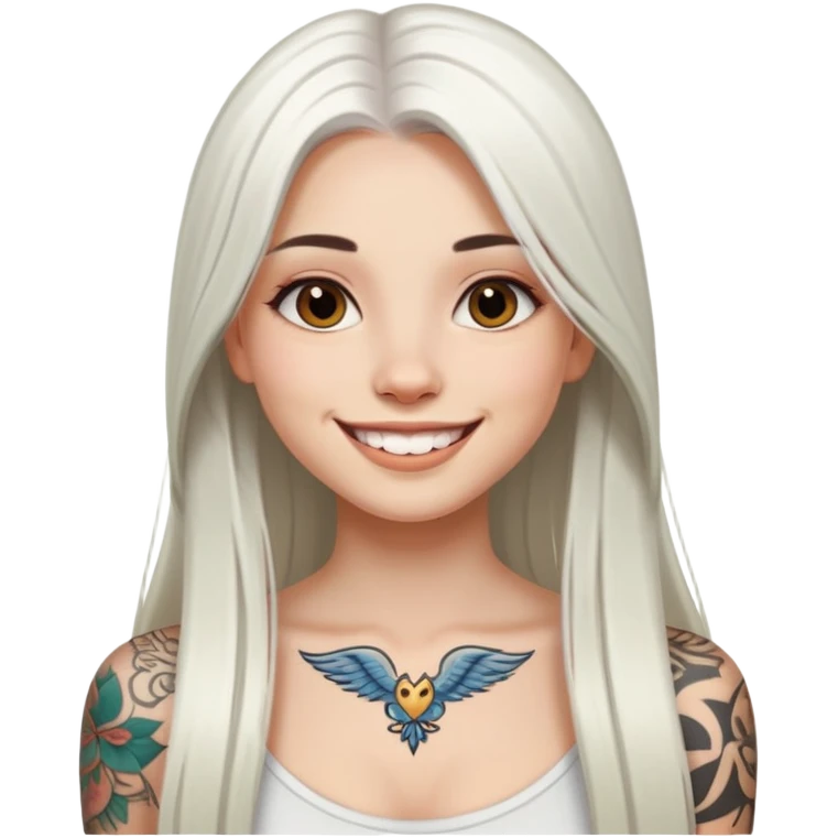 girl with long white  straight hair and tattoos with smile emoji