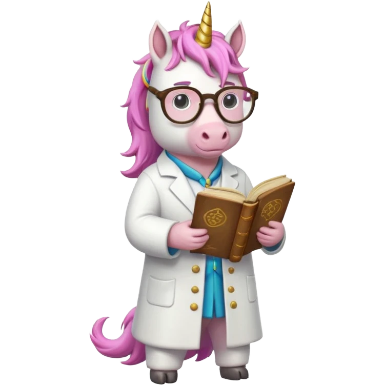 Unicorns read book
A full body of scholar unicorn wearing round glasses, reading a thick ancient tome. emoji