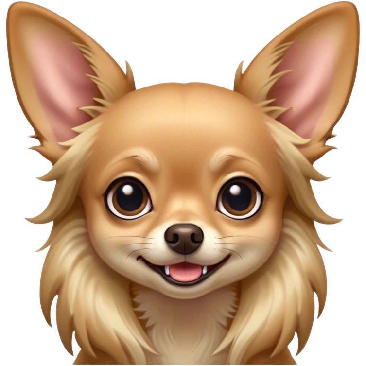 Cinematic Comical Long Haired Fawn Chihuahua Portrait Emoji, Head tilted dramatically with an exaggeratedly shocked or offended expression, long, silky fawn hair flowing with a vibrant sheen, wide, expressive dark eyes filled with exaggerated disbelief, Simplified yet hilariously expressive features, highly detailed, glowing with a slightly sassy glow, high shine, dramatic yet playful, stylized with an air of attitude, bright and endearing, soft glowing outline, capturing the essence of a sassy and over-the-top companion, so meme-worthy it feels like it could side-eye its way into internet fame instantly! emoji