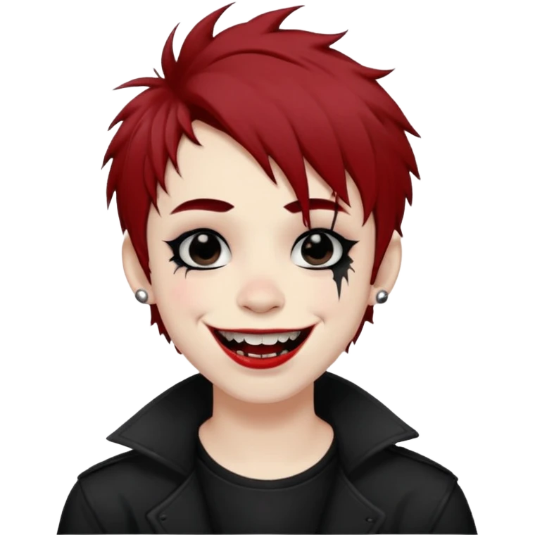 Laughing pale Goth boy with piercings, with shaggy brown hair, and messy black eyeliner , smudged, red, lipstick  emoji