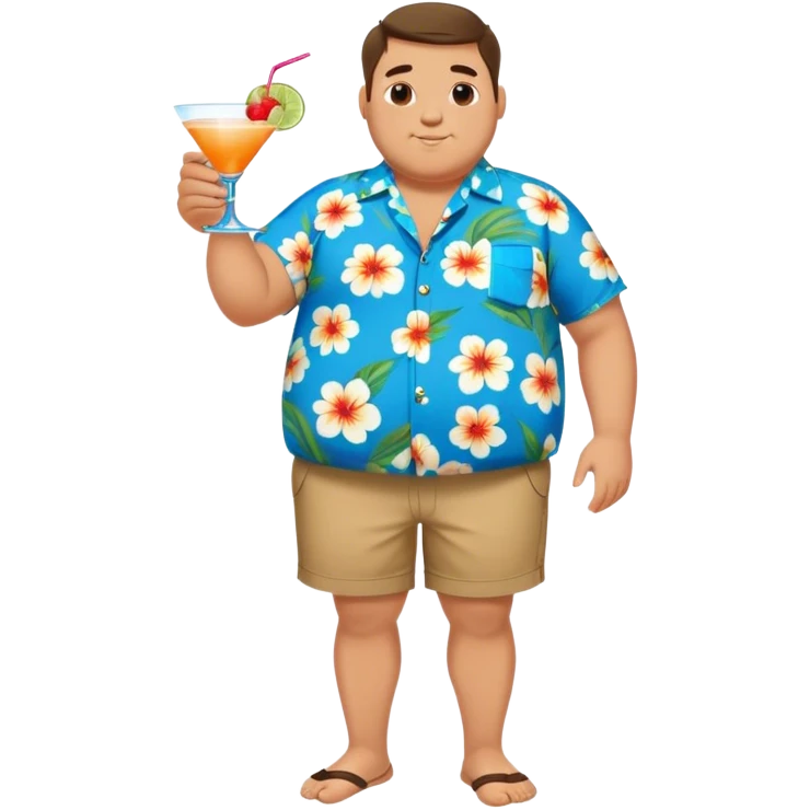 chubby guy full figure in a flowered azure havai shirt, brown shorts and flippers holding a cocktail emoji