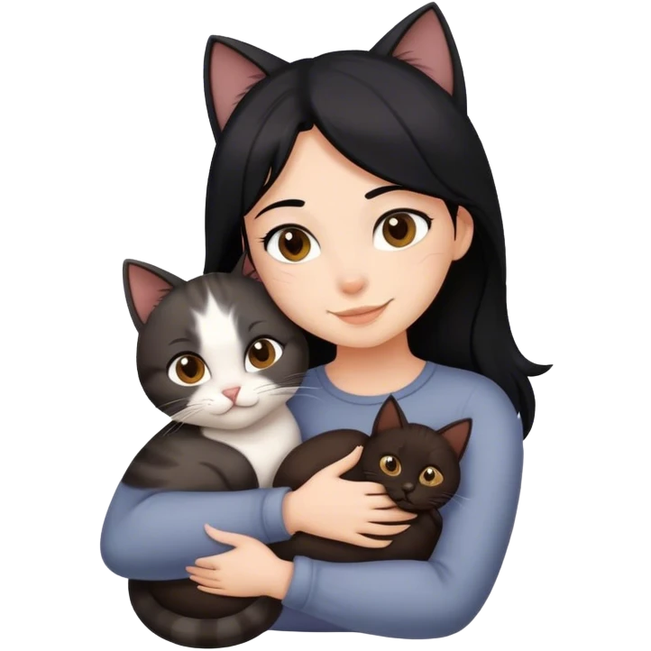 happy girl with black hair hugging three cats  (dark brown cat, full gray cat, brown calico cat) emoji
