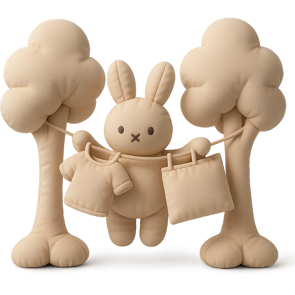 bunny hanging laundry between trees, calming domestic forest feel, cushion style, flawless, high quality, no imperfections emoji