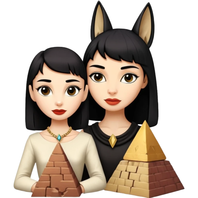 Kindly mannered Audrey Hepburn cleopatra Protecting spell silky black-haired tiny statuette scale feral Anubis and pyramid scenery stone-age cracked irregular dwelling  emoji