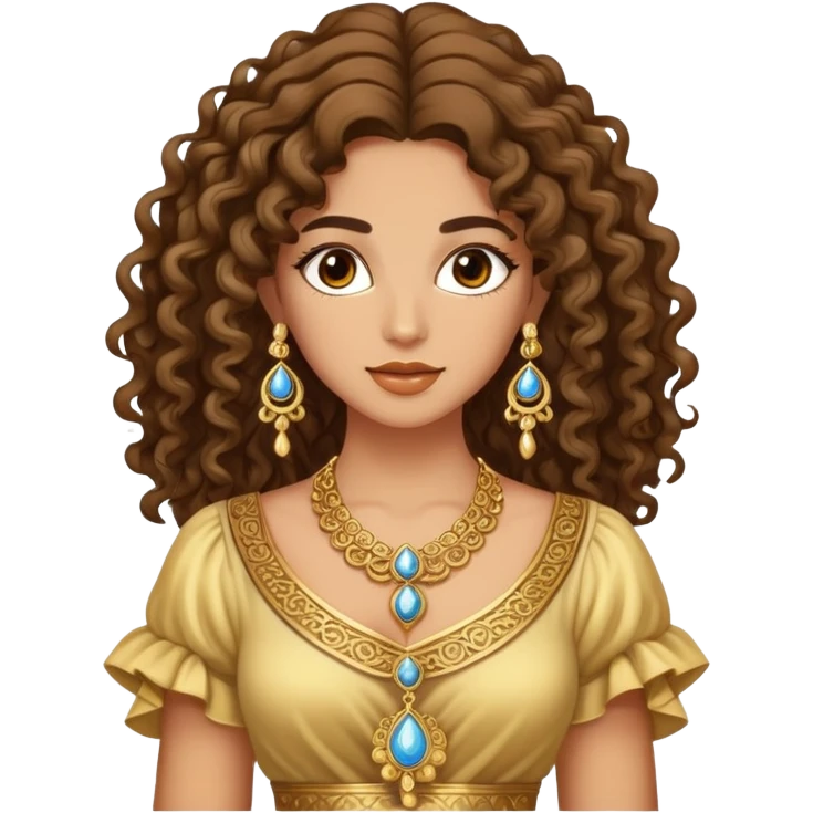 Beautiful Greek woman with very long puffy curly hair, wearing ornate gold jewelry and cute stylish clothes emoji