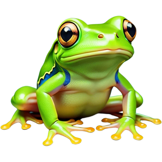 Cinematic Noble Green Tree Frog Portrait Emoji, Poised and alert, with a compact, vibrant body clad in bright, glossy green skin accented by delicate, sticky toe pads and large, bulging, observant eyes, Simplified yet sharp and sophisticated features, highly detailed, glowing with a soft, verdant luminescence, high shine, intelligent and sprightly, stylized with an air of tropical elegance, focused and attentive, soft glowing outline, capturing the essence of a watchful and confident amphibian that appears ready to leap out of the screen with effortless agility! emoji