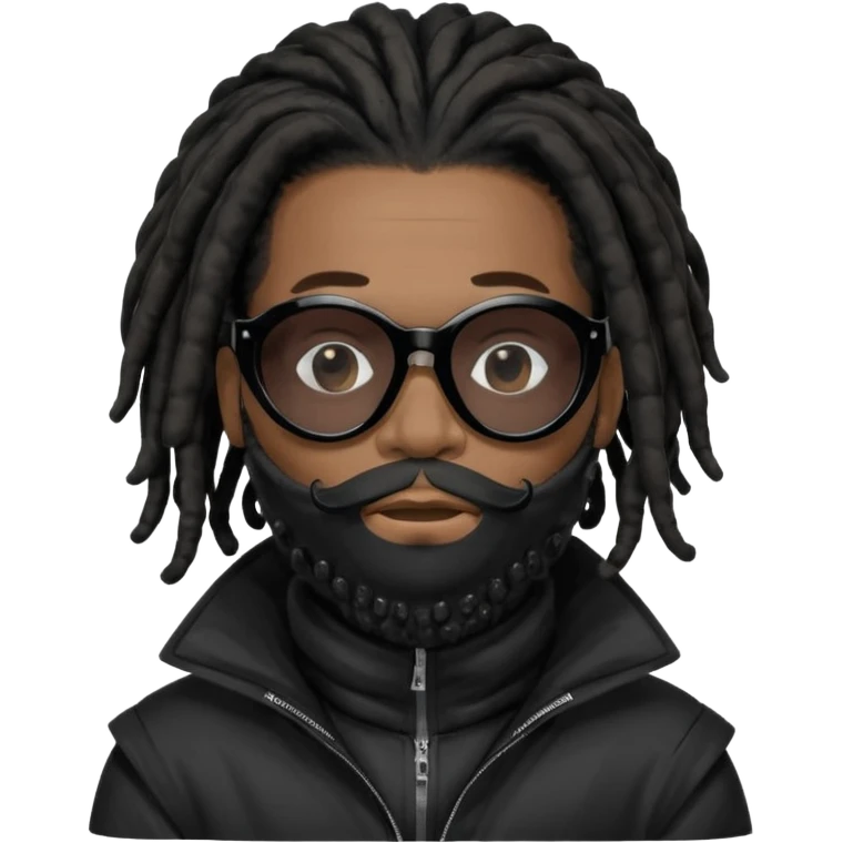 African American man with shoulder length black dreadlocks with black beard  wearing black sunglasses wearing a black bubble winter coatwearing a covid mask covering mouth and nose emoji