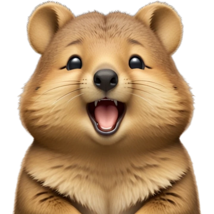 cinematic-realistic  yawning quokka-emoji,-small-round-frame, head tilted in an endearing manner, wouth wide open yawning, sleepy comical smile, round fluffy cheeks, giant-fluffy-cheeks-large-smile-fluffy-brown-fur-radiating-a-warm-softness,-big-round-eyes-filled-with-joy, realistic round  fluffy zoomed in, large black eyes one paw raised in the air emoji