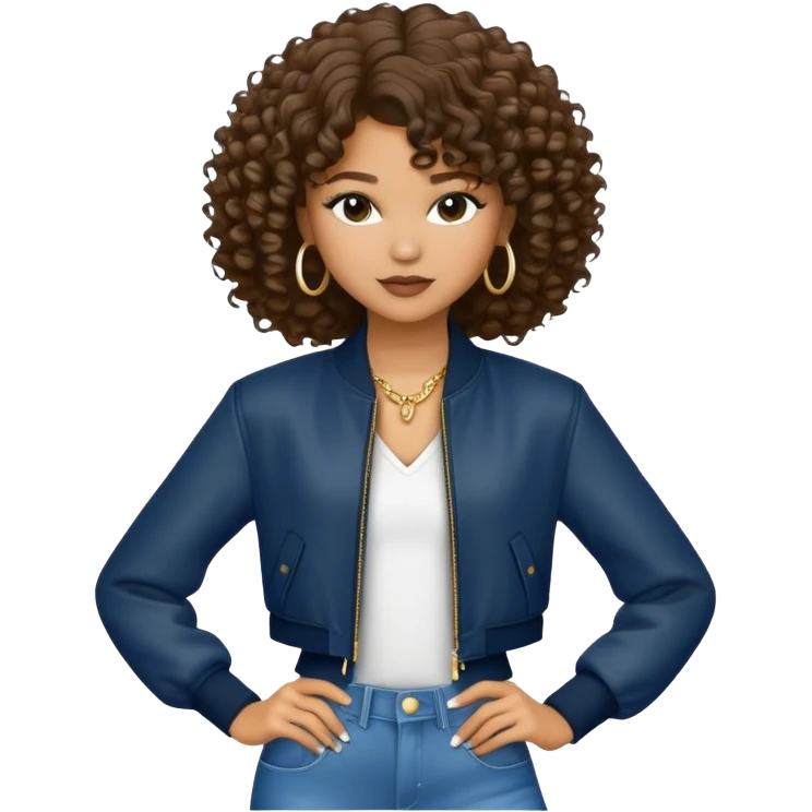 Zendaya with curly hair and stylish outfit emoji