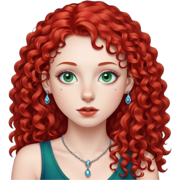 Red curly long hair with side fringe woman, pale skin, green/blue eyes, lower right lip piercing stud, nostril nose stud emoji
