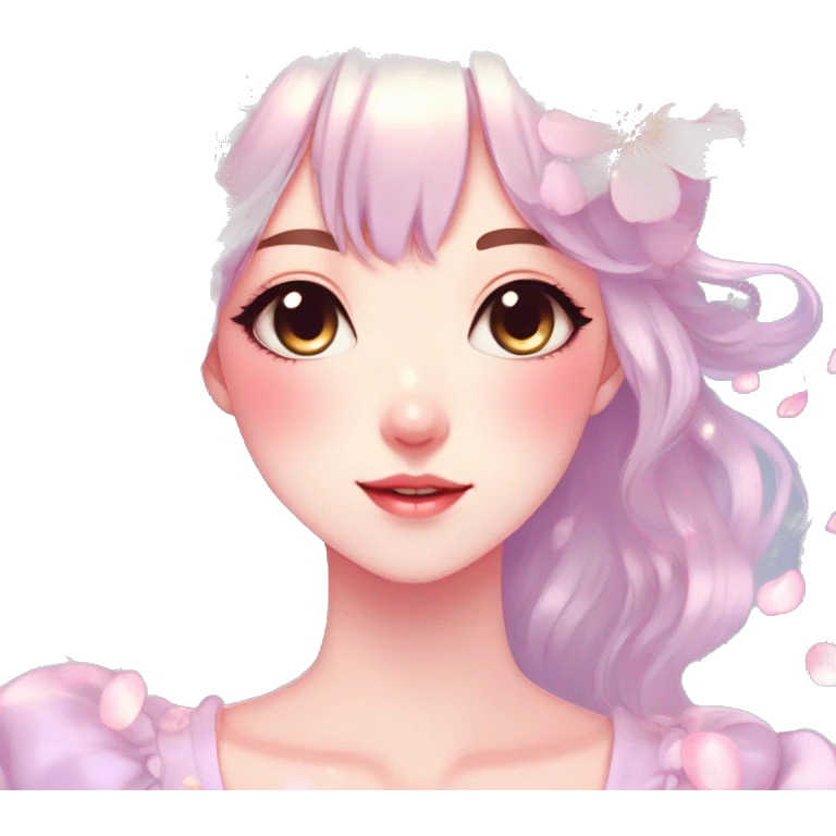 Gorgeous pastel anime style lady with blushing face and flower petals cottagecore fairycore pastelcore shiny colorful pearly petite simplistic aesthetic trending style emoji