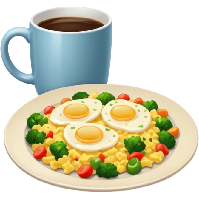 plate with eggs and veggies,  on the side coffee in cute mug emoji