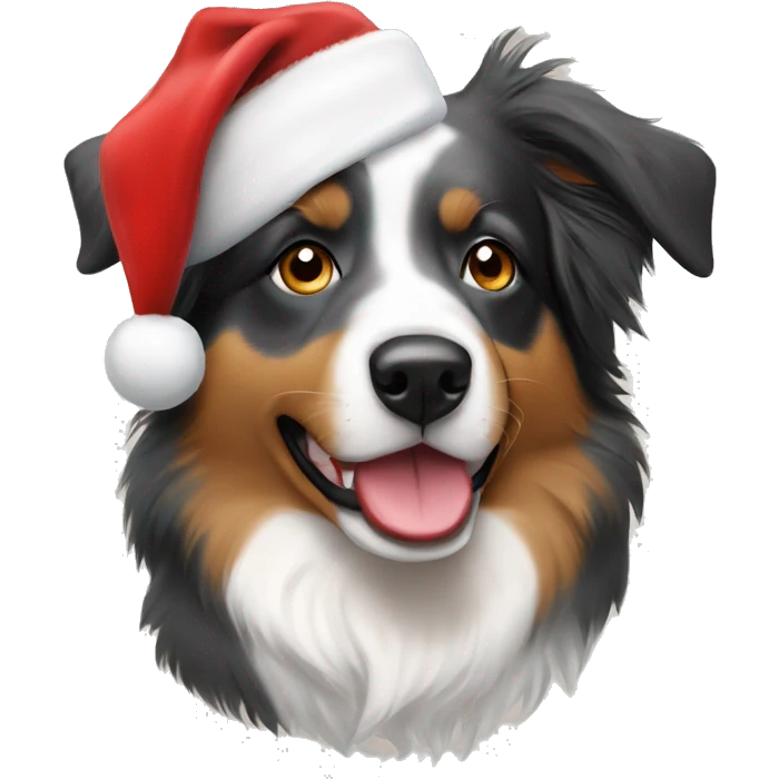 Australian shepherd wearing a Santa hat emoji