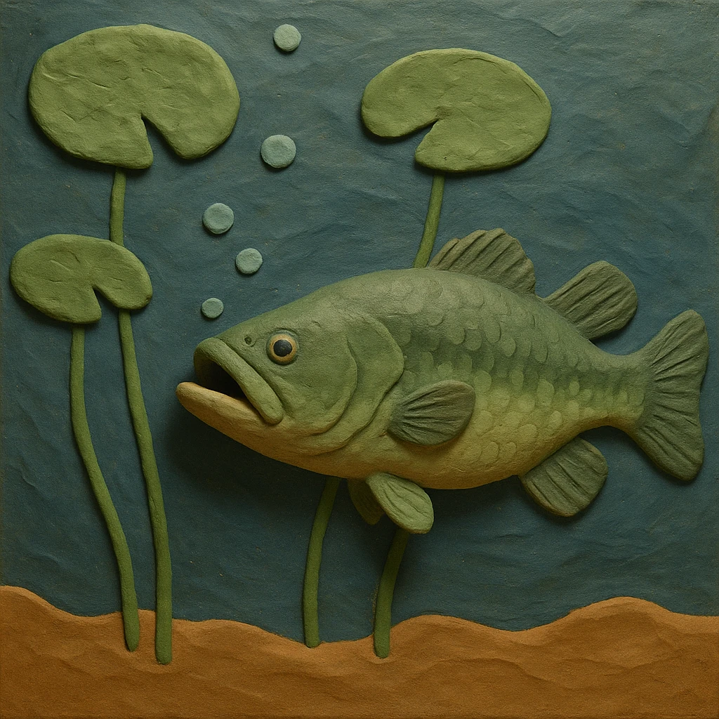underwater scene with a bass and lily pads, soft lighting, textured look, claymation style emoji
