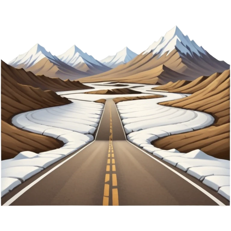 A long STRAIGHT dirt road that disappears into the horizon half way up the screen from the perspective of someone sitting in the middle of the road looking down it. Flat snow fields on both sides of the road with huge looming mountains above the roads horizon line.  emoji