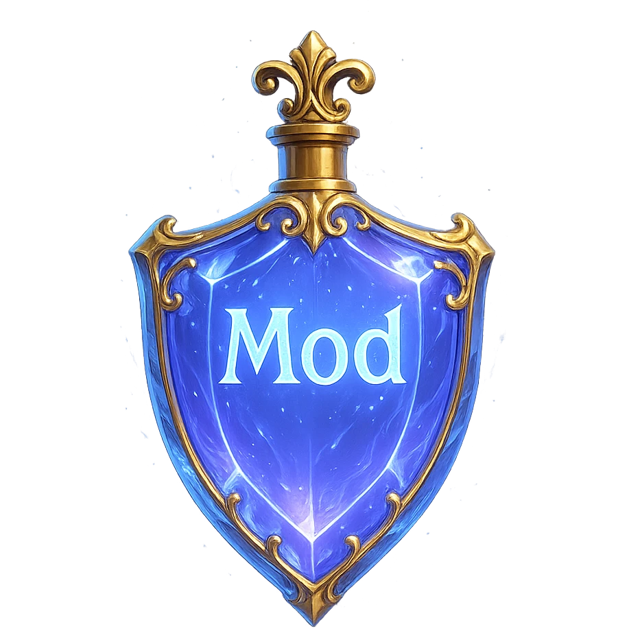 very luxurious crystal elixir bottle in shield shape, color #7986cb, with inscription 'Mod', lots of glow, edges, ornaments, golden details, magical effects, very small golden neck, transparent background, beautiful seamless bottom, bottle clearly floating in air, no base or shadow, modern, fits collection emoji