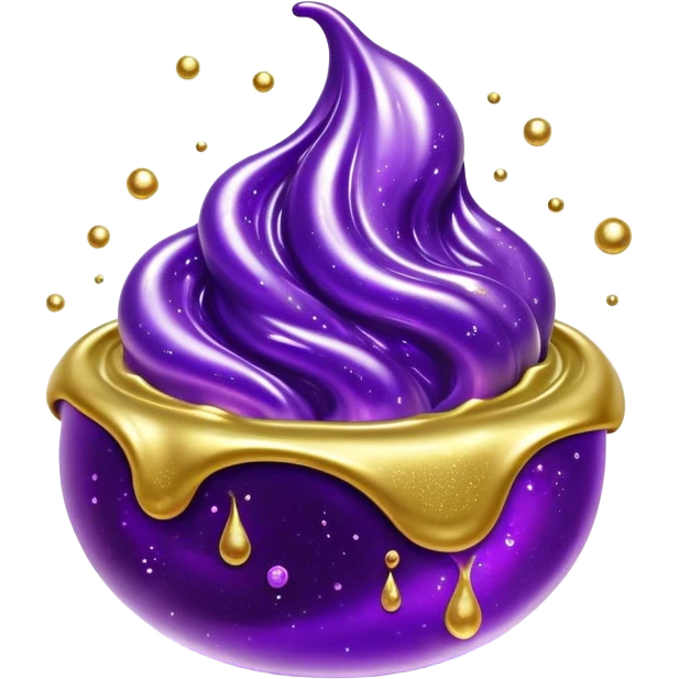 Cinematic Realistic Shiny Slime Mixed with Glitter, thick and glossy with swirling metallic flecks suspended inside, a dynamic mix of deep purple and golden sparkles, light catching every shimmer, flowing smoothly with realistic folds and ripples, glowing with an enchanting, almost liquid-metal effect. emoji