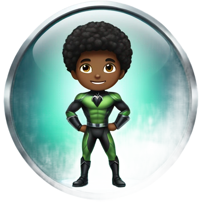 Muscular Afro teenage boy in a green-black panther superhero costume standing on a spaceship. emoji