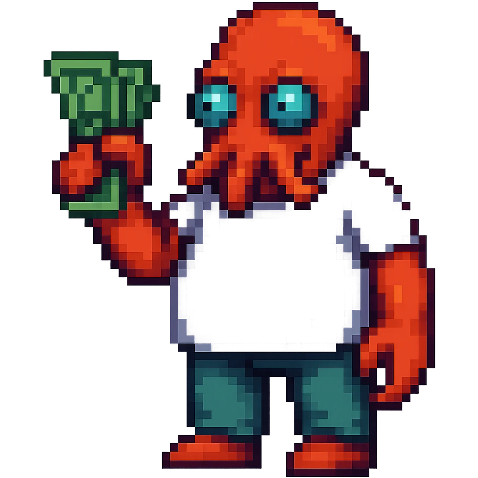 Full body pixel art style illustration of Zoidberg from Futurama holding up a stack of money, no background. Use pixel art style as the target style. emoji