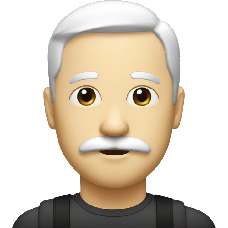 A person with a white head, black vertical lines for eyes, and a black handelbar mustache, with no mouth. emoji