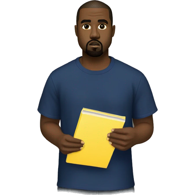 kanye west wearing a dark blue T-shirt, holding a yellow notepad emoji