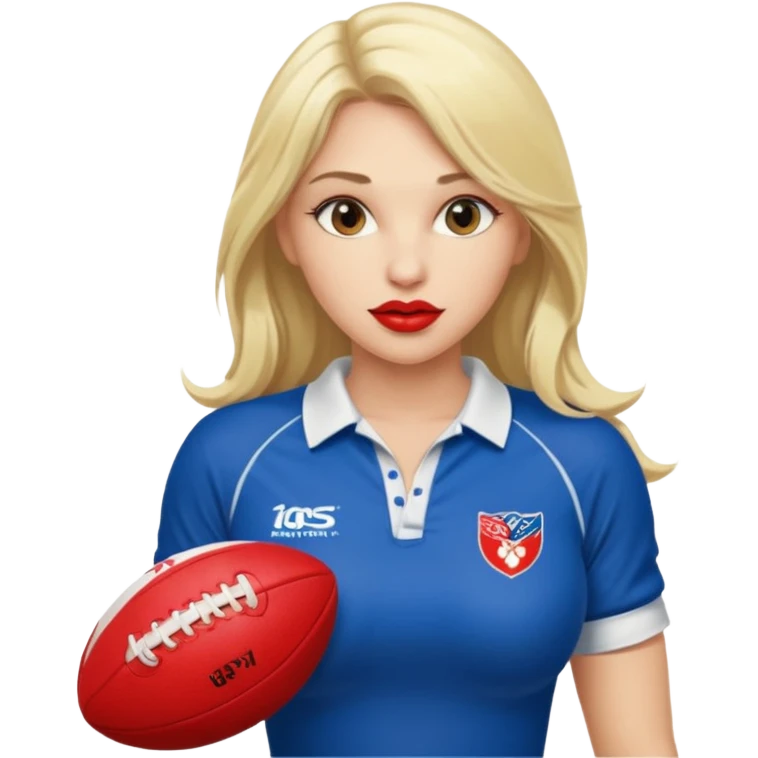 Sexy blond female. Long hair. Red lips. Big boobs. Wearing only rugby jersey. Sexy pose emoji