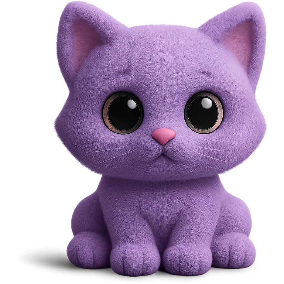 A fluffy kitten with big expressive eyes, soft ears, and a tiny pink nose. The plush cat has detailed textures and a cozy appearance. emoji