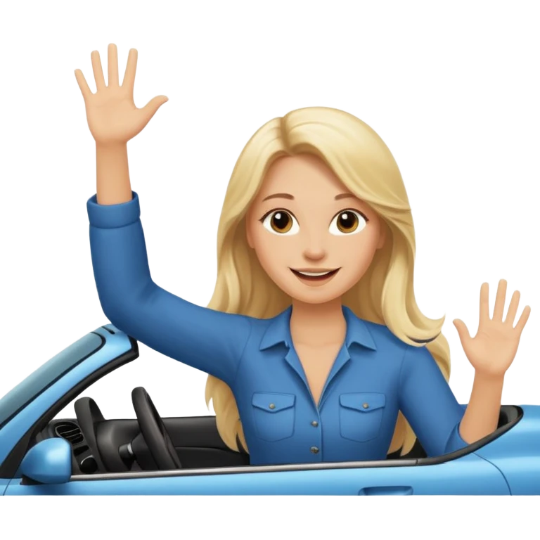 blonde long hair woman driving car. one hand up Happy face confidence emoji