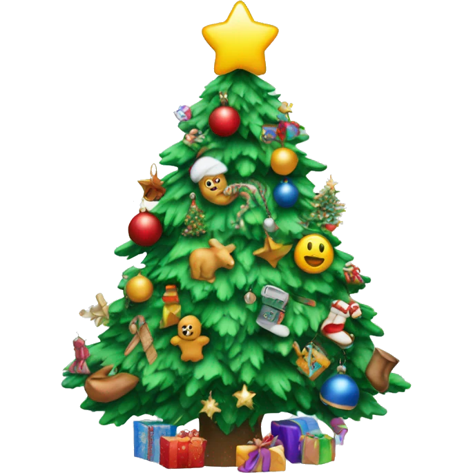 a snow Christmas tree with lot of toys on it emoji