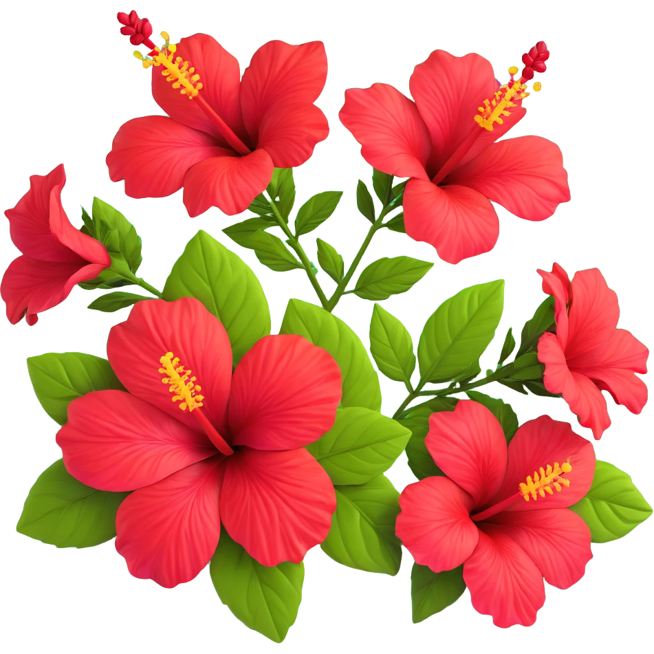 Detailed red hibiscus flower with green leaves and distinctive long stamen emoji
