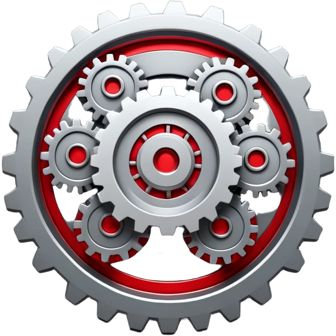 A 3D mechanical generator icon with interconnected gears, modern industrial style, red and gray color scheme, featuring:
- Multiple spinning gears in metallic gray
- Glowing red energy core in the center
- Subtle red light emissions between the gears
- Clean, technical aesthetic
- Smooth metallic textures
- Minimal shadows for depth
- Some gears slightly exposed outside the main frame
--ar 1:1
--style raw
--v 5.2
--no text
--c 15
--q 2 emoji