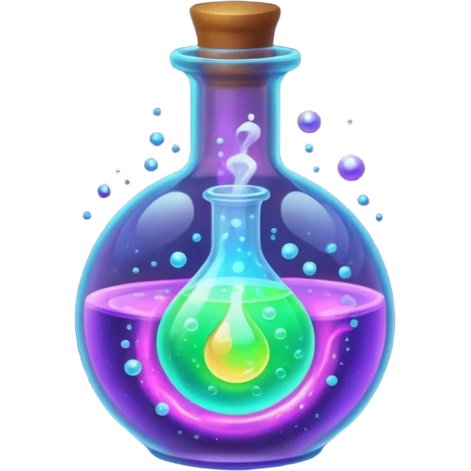 glowing neon magic potion, in a round glass bottle  emoji
