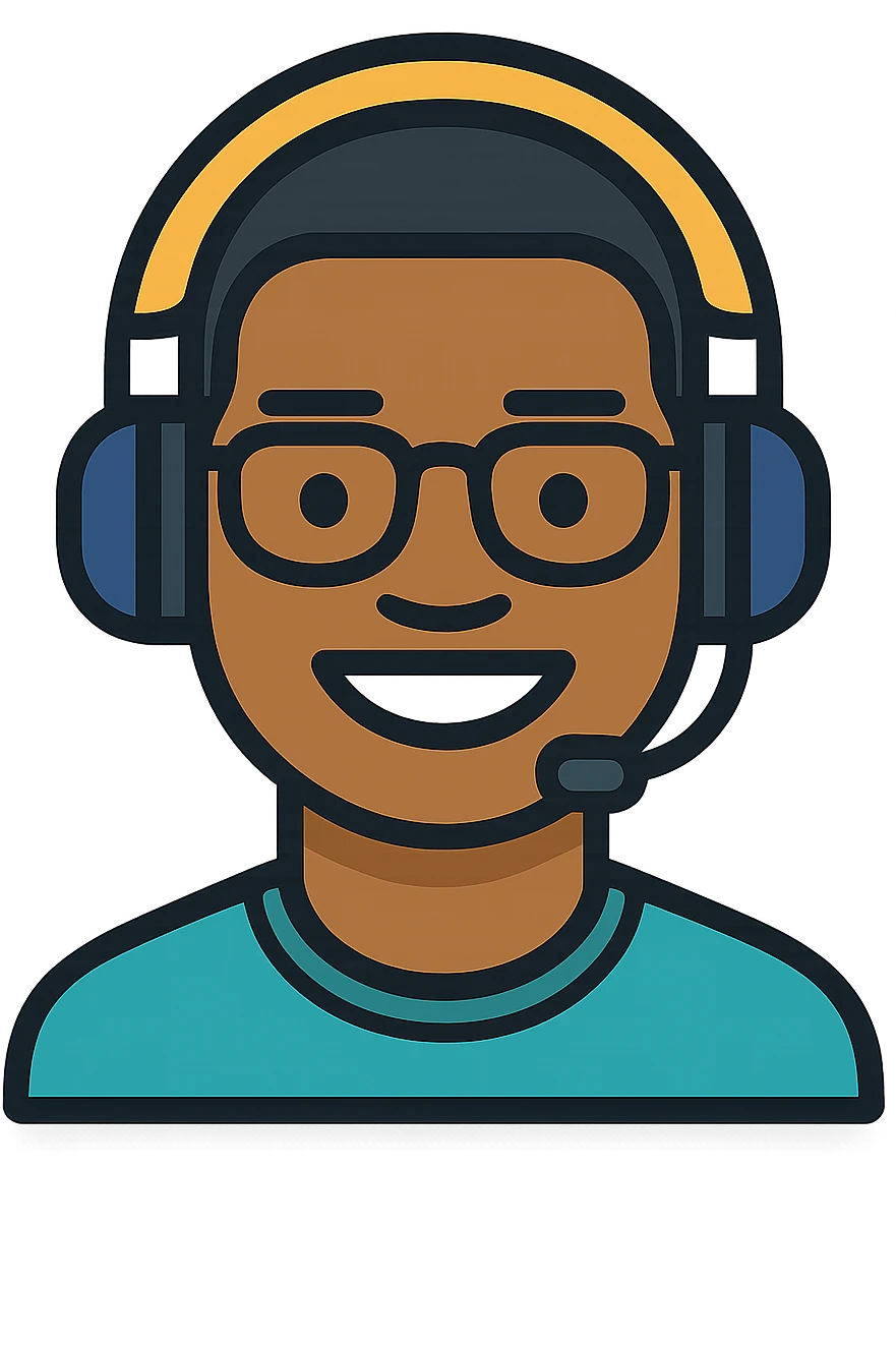 Add a headset to the young African man with eye glasses, keep the original style and transparent background. emoji