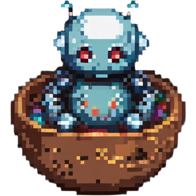 small robot curled up in a round bowl, pixel art style emoji