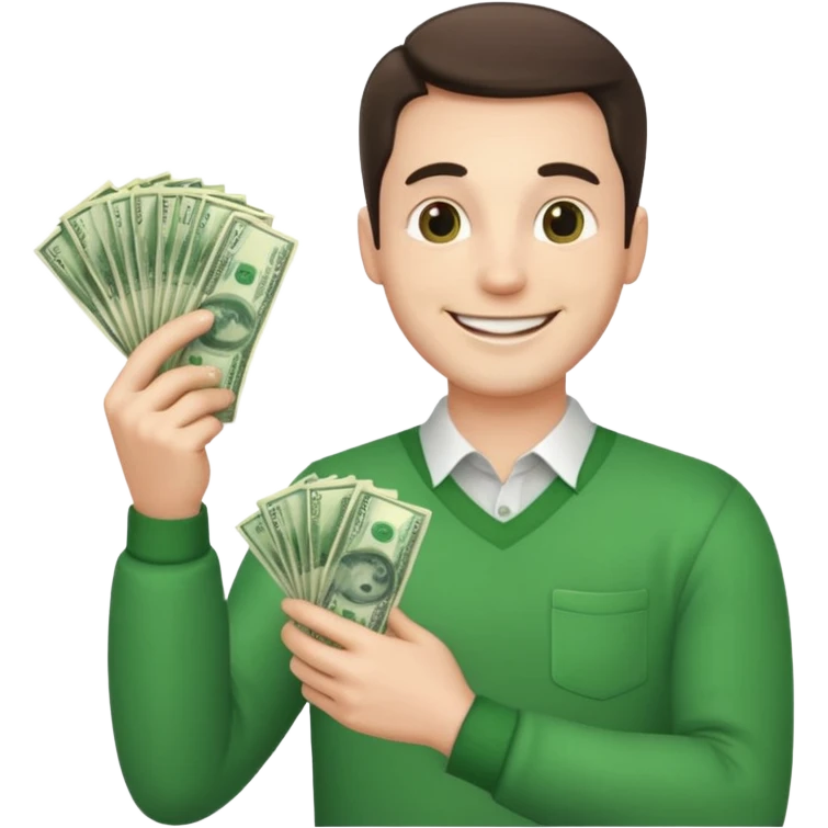 Make an emoji of a photorealistic adult man holding money in his hands. He has a smile on his face. He looks like an adult. the skin should be white. 4 options emoji